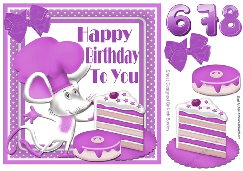 Cute  chef mouse with lilac birthday cake and ages 6,7, 8 8x8