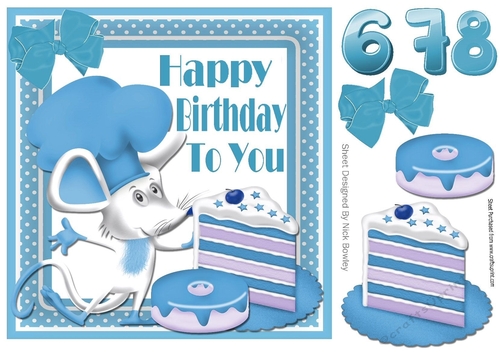 Cute  chef mouse with blue birthday cake and ages 6,7, 8 8x8