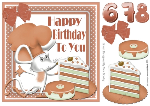 Cute  chef mouse with caramel birthday cake and ages 6,7, 8 8x8