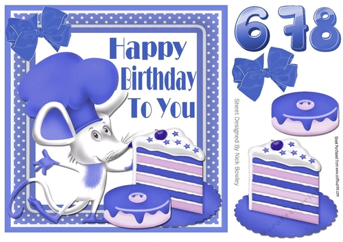 Cute  chef mouse with blueberry birthday cake and ages 6,7, 8 8x8