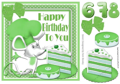 Cute  chef mouse with peppermint birthday cake and ages 6,7, 8 8x8