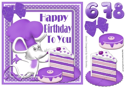 Cute  chef mouse with blackcurrant birthday cake and ages 6,7, 8 8x8