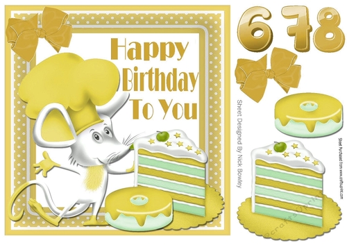 Cute  chef mouse with lemon birthday cake and ages 6,7, 8 8x8