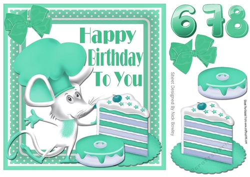 Cute  chef mouse with spearmint birthday cake and ages 6,7, 8 8x8