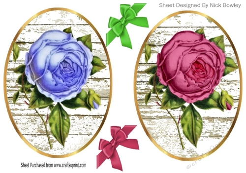 two pretty roses in bloom with bows in lilac/cerise card fronts/toppers
