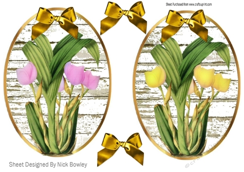 two pretty tulip toppers/card fronts in pink/yellow with gold bows