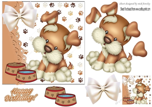 cute little puppy with bow and dog bowls (smaller card one)