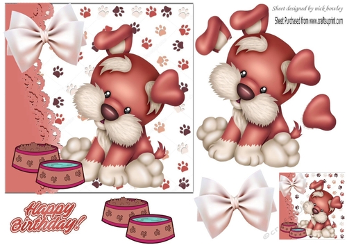 cute little puppy with bow and dog bowls (smaller card two)
