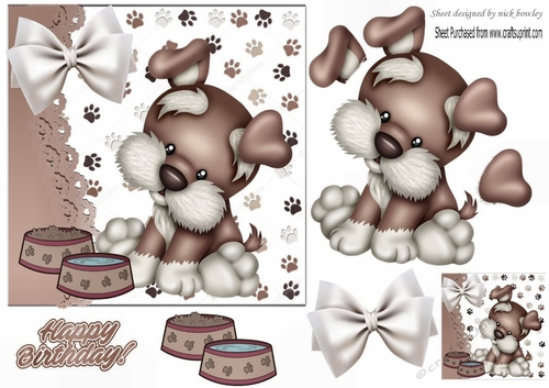 cute little puppy with bow and dog bowls (smaller card three)