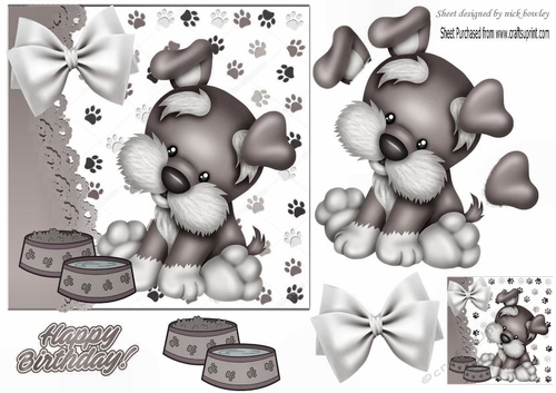cute little puppy with bow and dog bowls (smaller card four)