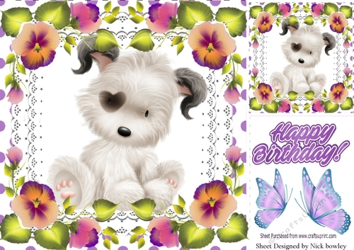 Cute little dog with flowers on lace 8x8