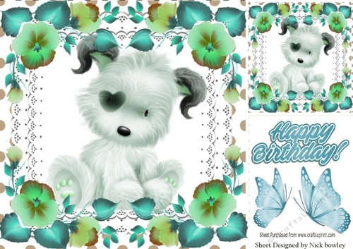 Cute little dog with turq flowers on lace 8x8