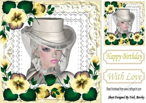 Pretty Steampunk lady in hat with flowers on lace 8x8