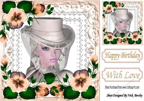 Pretty Steampunk lady in hat with peach flowers on lace 8x8