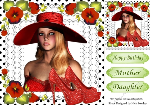 Lady in red with sparkle shoes & flowers on lace 8x8