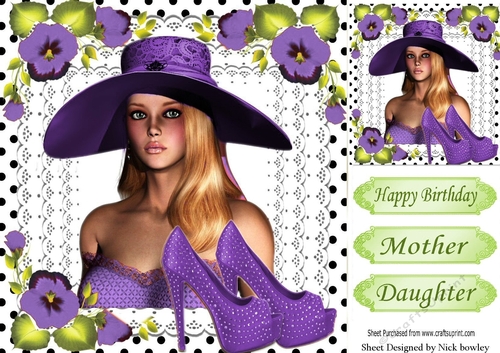 Lady in purple with sparkle shoes & flowers on lace 8x8