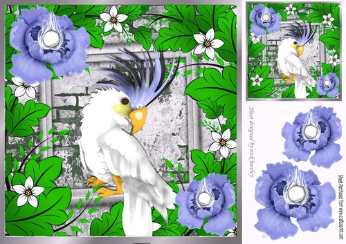 tropical bird with  purple flowers and brick wall 8x8