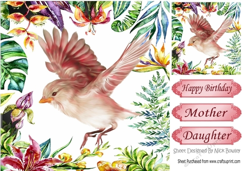pretty flying pink bird in tropical flower frame 8x8