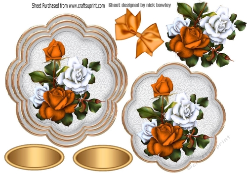 pretty orange/white roses with bow topper/card fronts
