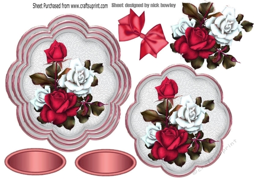 pretty cerise/white roses with bow topper/card fronts
