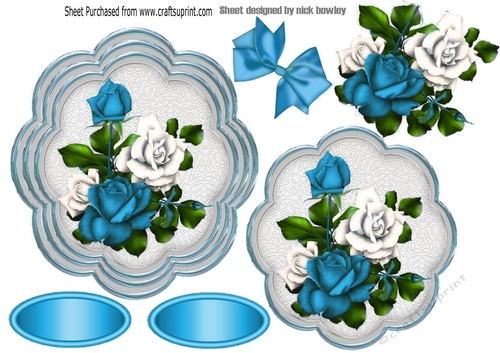 pretty turq/white roses with bow topper/card fronts