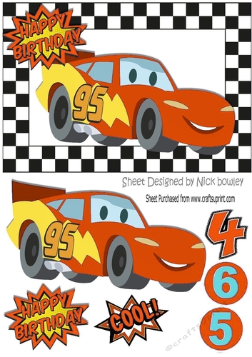 Boy racer car in orange with toony face in check frame A5