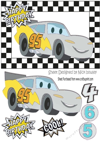Boy racer car in silver with toony face in check frame A5