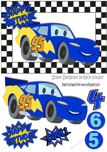 Boy racer car with toony face in royal blue in check frame A5