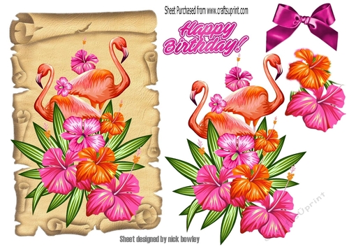 pink flamingos with tropical flowers on a scroll with bow