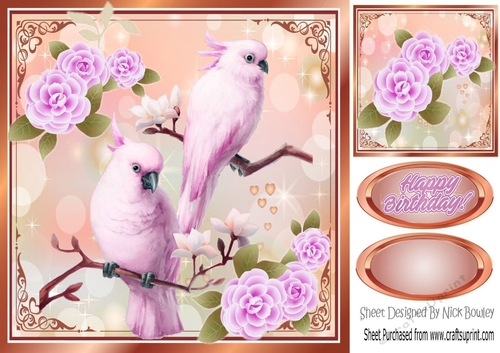pretty pair of lilac parrots on a branch with lilac roses 8x8
