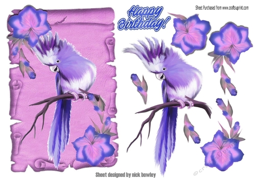 lilac tropical bird with flowers on a scroll