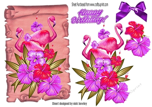pair of flamingos with pink/purple tropical flowers on a scroll with bow