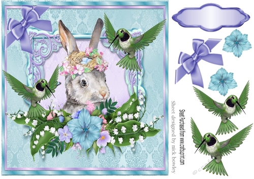 Cute painted bunny with humming birds & flowers