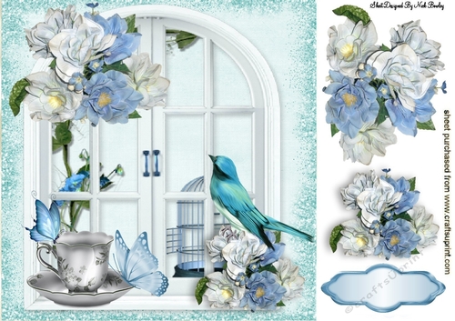 petty blue bird with butterflies and window 8x8