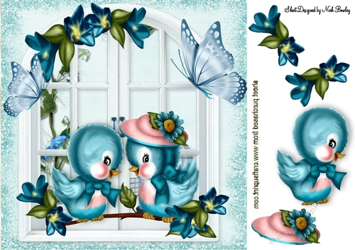 cute blue birds on a branch with pretty window 8x8