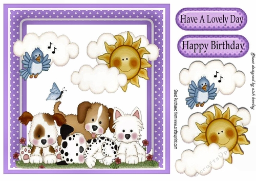 puppy love with little blue bird & purple polkadot frame 8x8