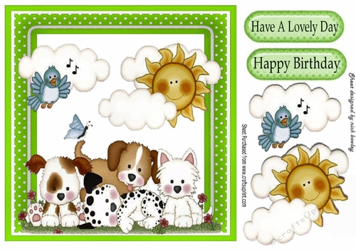 puppy love with little blue bird & green polkadot frame 8x8