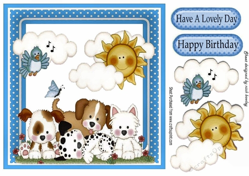 puppy love with little blue bird & blue polkadot frame 8x8