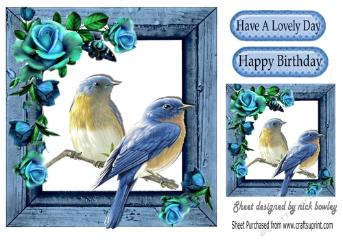 pretty pair of blue birds in wooden frame with roses