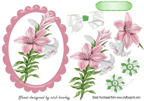 pretty pink lilies in scalloped frame with bow A5