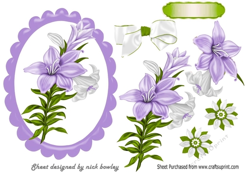pretty lilac lilies in scalloped frame with bow A5