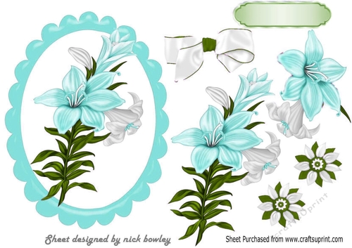 pretty turq lilies in scalloped frame with bow A5