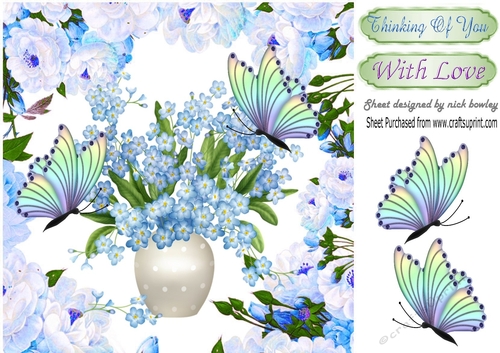 thinking of you, with pretty butterflies & blue flowers in vase