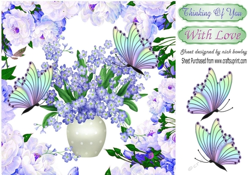 thinking of you, with pretty butterflies & lilac flowers in vase