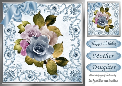 blue and cream roses in ornate scroll frame 8x8