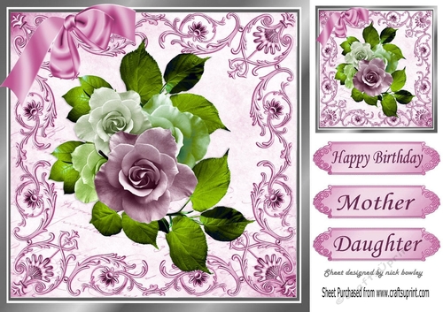 pink and cream roses in ornate scroll frame 8x8