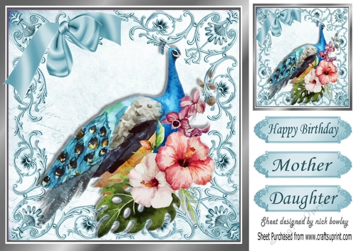 pretty painted peacock with flowers in scroll frame 8x8