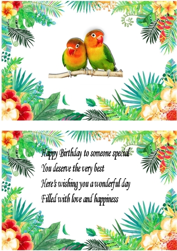 Pair of love birds on a branch in tropical flower frame insert with verse