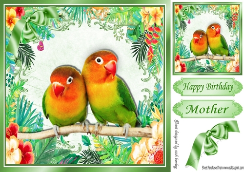 Pair of love birds on a branch in tropical flower frame 8x8
