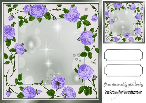 Pretty cascading purple roses with silver frame card front/insert